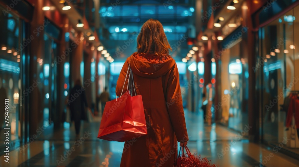 Poster A woman carrying shopping bags, perfect for retail concepts