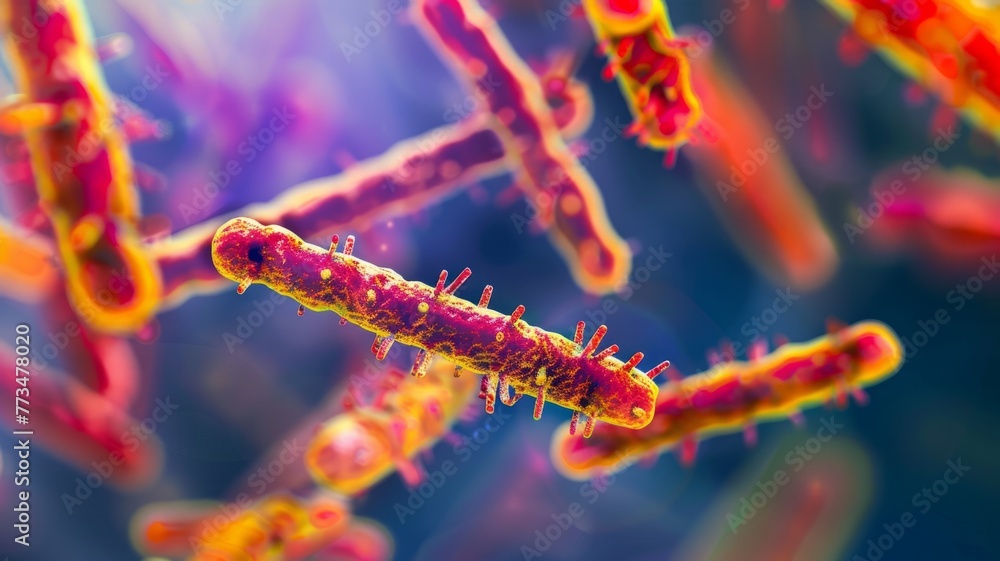 Poster vivid 3d of bacteria floating in fluid - this image showcases a 3d of bacteria suspended in a liquid