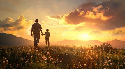 Fototapeta premium International Children's Day. Walking hand in hand towards sunrise, adult and child depict hope, suited for Child Protection Day