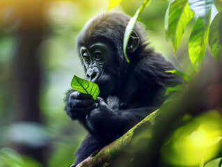 Portrait of cute baby gorilla in the jungle isolated on green background, animals and wildlife background, wallpaper