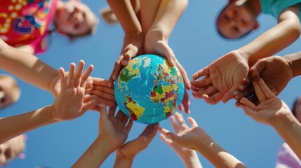 International Children's Day. Kids' hands holding globes unite in frame against blue sky, depicting unity on Children's Day - obrazy, fototapety, plakaty
