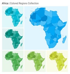 Africa. Map collection. Continent shape. Colored countries. Light Blue, Cyan, Teal, Green, Light Green, Lime color palettes. Border of Africa with countries. Vector illustration.