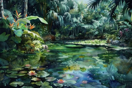 Watercolor depiction of a lush jungle pond with water lilies and dense foliage.