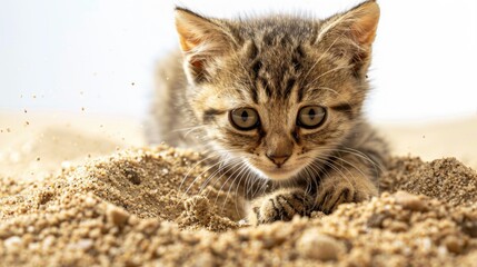 A cute kitten playing in the sand on the beach. Perfect for pet lovers and summer-themed designs