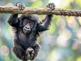 Portrait of cute baby gorilla in the jungle isolated on green background, animals and wildlife background, wallpaper