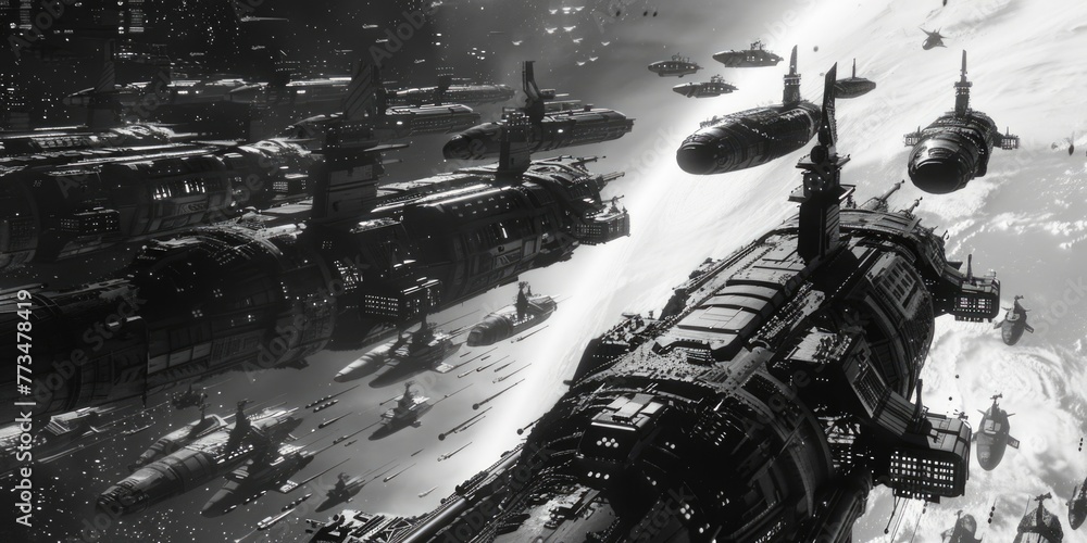 Poster a monochromatic image of a space station. suitable for science fiction projects