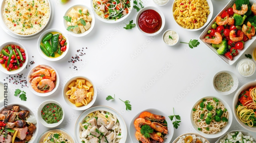 Poster a table filled with a diverse selection of food items. suitable for food blogs and recipe websites