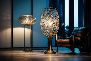 Fototapeta na wymiar Showcasing an artistic floor lamp. positioned in a contemporary art-inspired interior. 