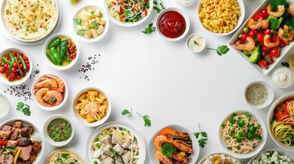 A table filled with a diverse selection of food items. Suitable for food blogs and recipe websites - obrazy, fototapety, plakaty