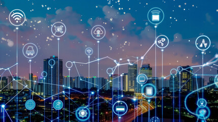 Title: "Digital Cityscape"

Art Description: A vibrant city skyline at night adorned with glowing digital icons, showcasing the integration of technology into urban life.