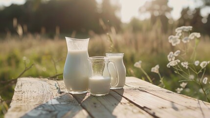 A pitcher and glass of milk on a wooden table. Suitable for dairy product promotions - obrazy, fototapety, plakaty