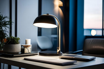 Showcase the elegant design of a modern desk lamp, with clean lines and minimalist aesthetics, illuminating a contemporary workspace.
