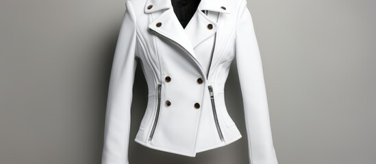A detailed view of a white jacket displayed on a mannequin, showcasing the design and texture of the garment