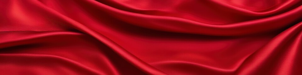 Red panoramic silk background, fabric with blurred satin wavy texture.	
