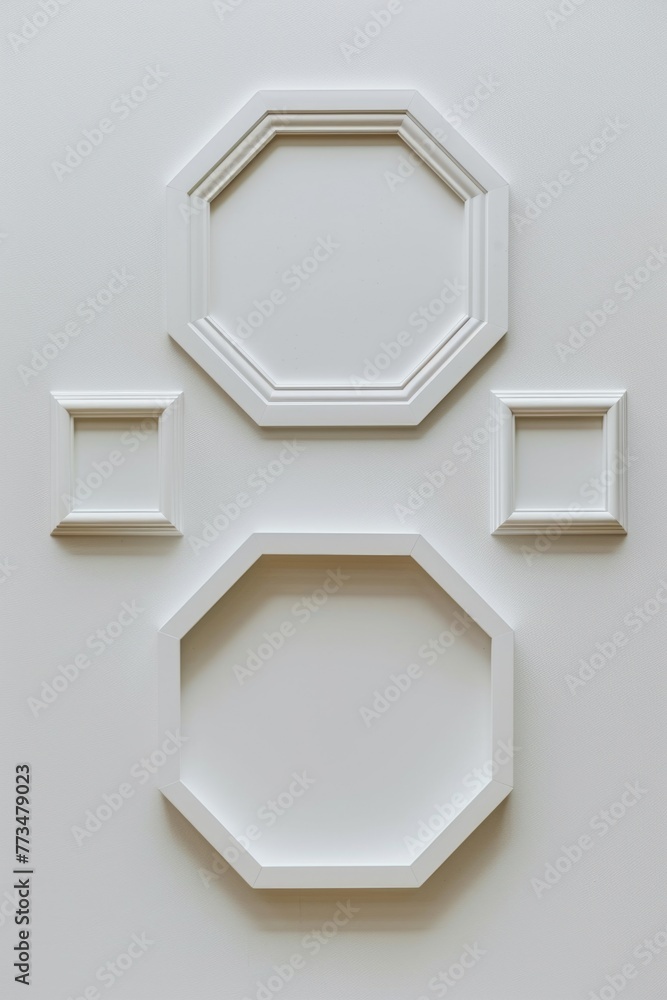 Poster a group of white frames hanging on a wall. ideal for interior design projects