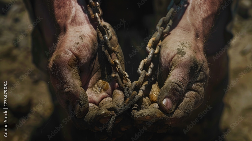 Poster A man holding a chain of chains. Suitable for industrial and business concepts