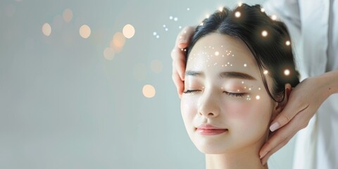 A woman receiving a head massage with sparkling light effects suggesting a sensory or rejuvenating experience. - obrazy, fototapety, plakaty