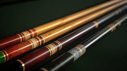 A close up view of a pool table with four cues. Perfect for sports and recreation concepts