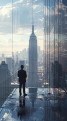 A businessman contemplating financial charts on a skyscraper rooftop