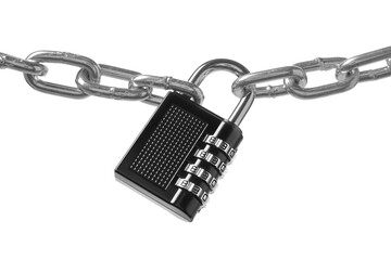 Steel combination padlock and chain isolated on white