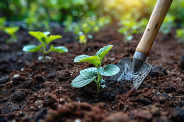Young plant sprouting with garden trowel in fertile soil