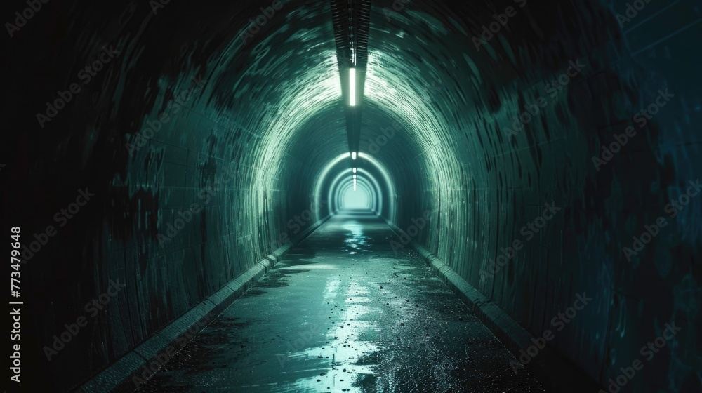 Poster Dark tunnel with light shining at the end, suitable for concepts of hope and overcoming challenges