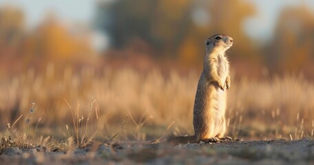 Prairie dog standing on hind legs, watchful, community-oriented.