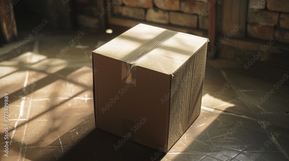 Poster a simple cardboard box sitting on the floor. suitable for packaging or storage concepts