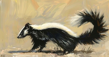 Skunk with tail raised, distinctive stripes, wary but unthreatening.  - obrazy, fototapety, plakaty