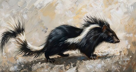 Skunk with tail raised, distinctive stripes, wary but unthreatening.  - obrazy, fototapety, plakaty