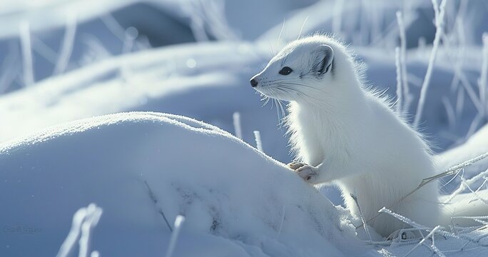 Ermine in winter white fur, stark against the background, pure and elegant. 