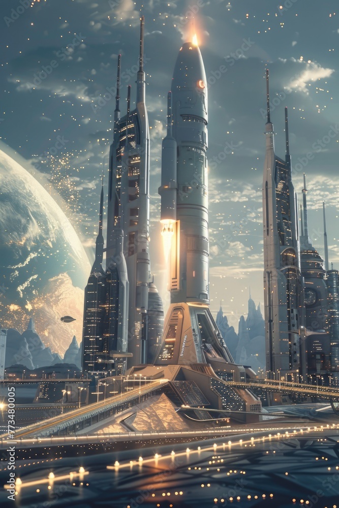 Poster a futuristic cityscape with a rocket soaring in the sky. ideal for science fiction concepts
