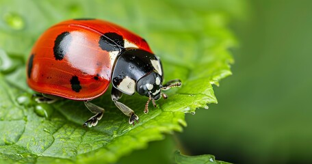 Fototapeta premium Ladybug on a leaf, bright red shell with black spots, symbol of good luck. 