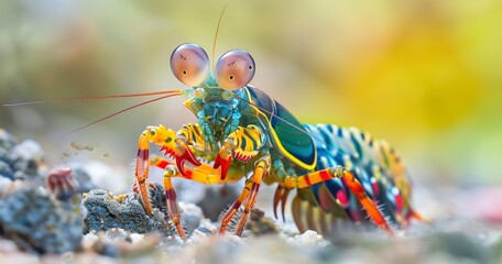Colorful peacock mantis shrimp, striking pose, showcasing its vibrant colors. 