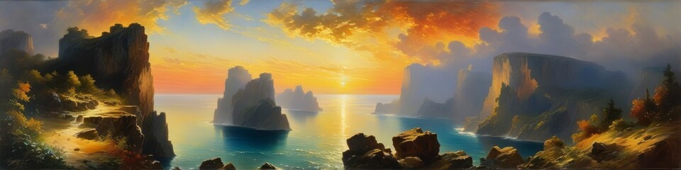 Futuristic mountain landscape of cliff in the sea with sea sunset background. Abstract background for design.	