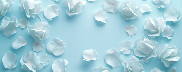 white rose petals on a soft blue background