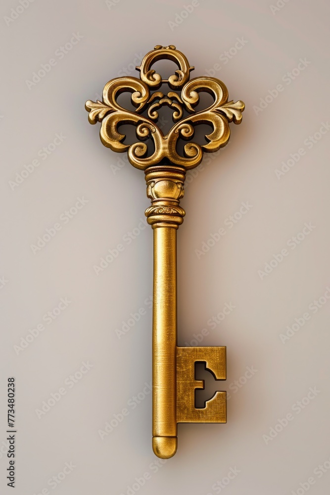 Poster a golden key hanging on a wall. suitable for various concepts and designs