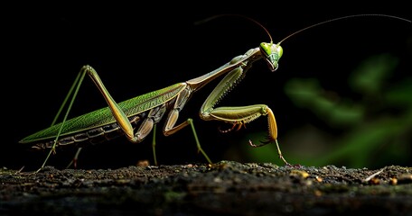 Praying mantis in a hunting pose, camouflaged yet conspicuous.  - obrazy, fototapety, plakaty