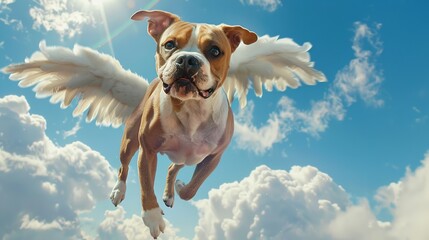  flying boxer dog with angel wings, white clouds in the blue sky behind him, faint rainbow
