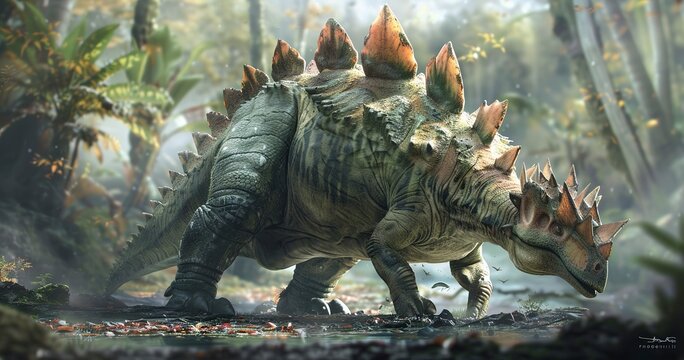 Stegosaurus with its distinct back plates, tail spikes poised, ancient herbivore. 