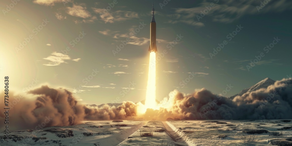Poster A rocket launching into the sky with clouds in the background. Suitable for technology and space exploration concepts