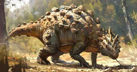 Ankylosaurus with armored plates and club tail, defensive powerhouse.