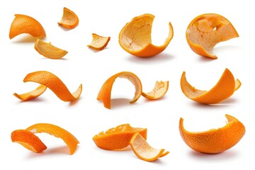 A collection of orange peels on a white surface. Ideal for food and nutrition concepts - obrazy, fototapety, plakaty
