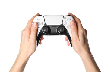 Woman with game controller on white background, closeup © New Africa