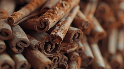 A close-up view of a pile of cinnamon sticks. Suitable for food and spice related projects