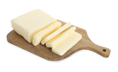 Board with tasty cut butter isolated on white