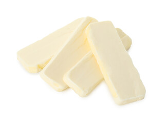 Slices of tasty butter isolated on white