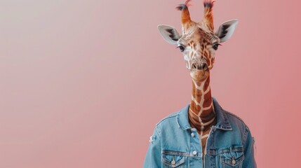 A stylish giraffe wearing a denim jacket, perfect for fashion or animal lovers