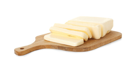 Board with tasty cut butter isolated on white
