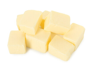 Pile of tasty butter cubes isolated on white, above view